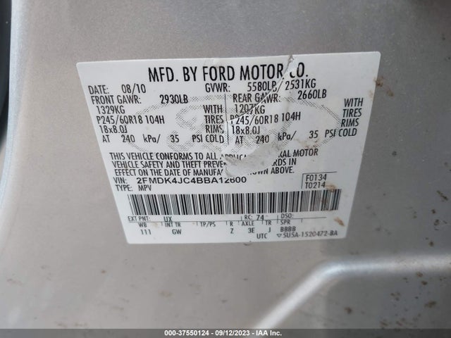 2011 FORD EDGE SEL VIN: 2FMDK4JC4BBA12600