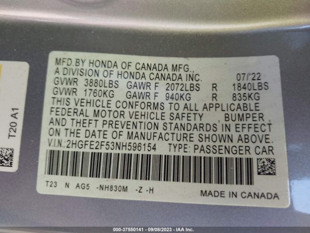 2HGFE2F53NH596154 Honda Civic Sedan Sport