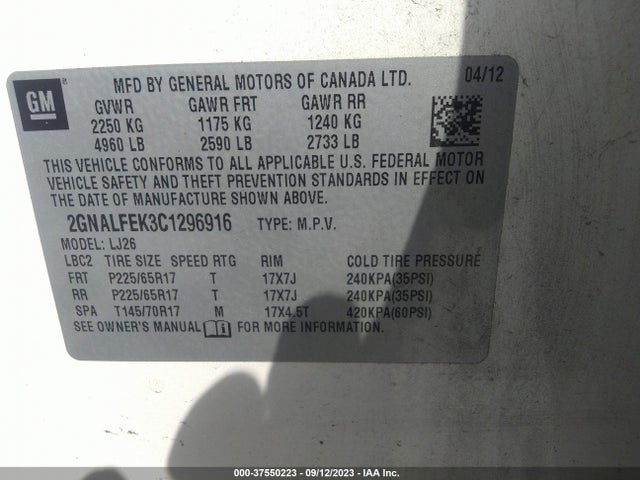 2012 CHEVROLET EQUINOX LTZ VIN: 2GNALFEK3C1296916