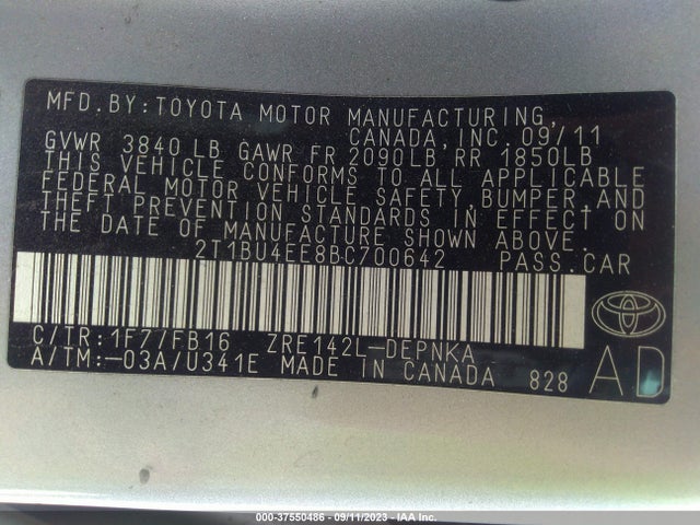 2011 TOYOTA COROLLA LE VIN: 2T1BU4EE8BC700642