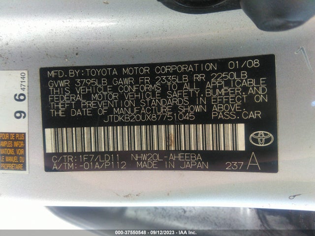 2008 TOYOTA PRIUS VIN: JTDKB20UX87751045