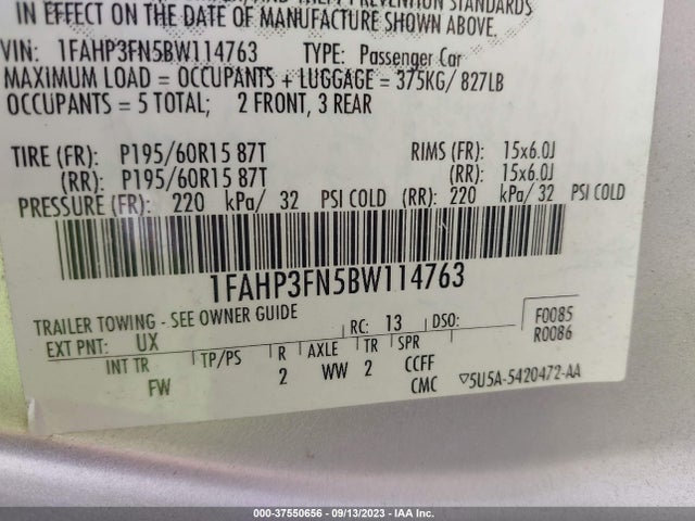 2011 FORD FOCUS SE VIN: 1FAHP3FN5BW114763