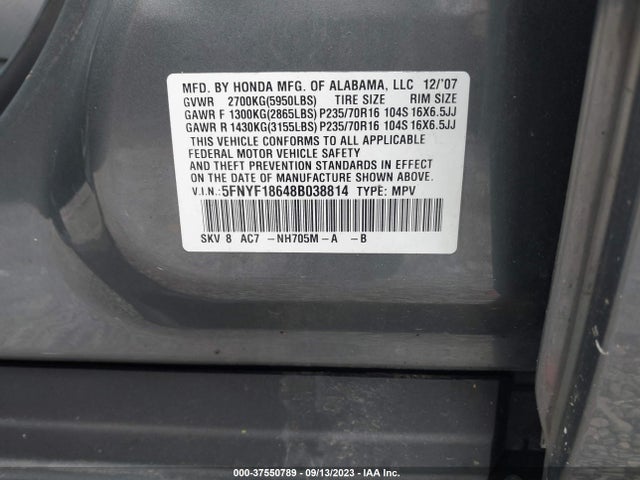 2008 HONDA PILOT EX-L VIN: 5FNYF18648B038814