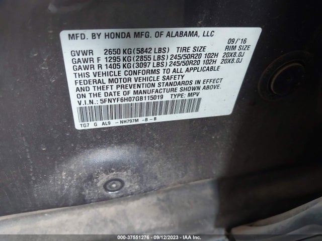 Honda Pilot Elite 2016 5FNYF6H07GB115019 Image 9