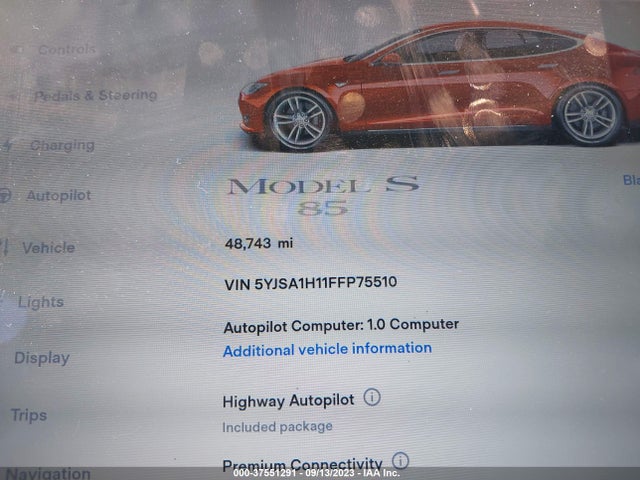 2015 TESLA MODEL S 85 KWH BATTERY VIN: 5YJSA1H11FFP75510