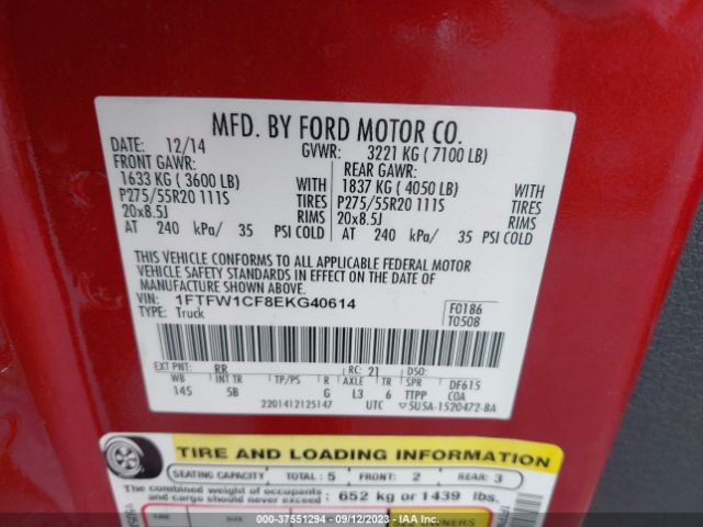 1FTFW1CF8EKG40614 Ford F-150 Xl/stx/xlt/fx2/lariat