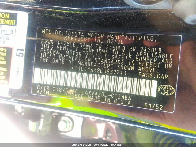 Toyota CAMRY LE 2020 4T1C11AK9LU932741 Image 9