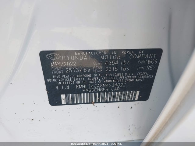 Hyundai SONATA SEL 2022 KMHL14JA8NA234022 Image 9