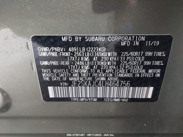 2020 SUBARU FORESTER PREMIUM VIN: JF2SKAJC4LH464756