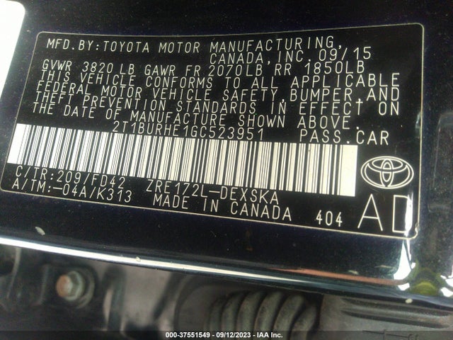 2016 TOYOTA COROLLA L/LE/S/S PLUS/LE PLUS VIN: 2T1BURHE1GC523951