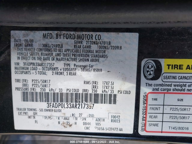 2010 FORD FUSION HYBRID VIN: 3FADP0L33AR217357