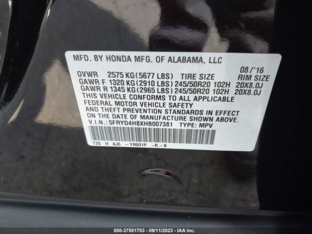 5FRYD4H8XHB007381 Acura Mdx W/advance Pkg