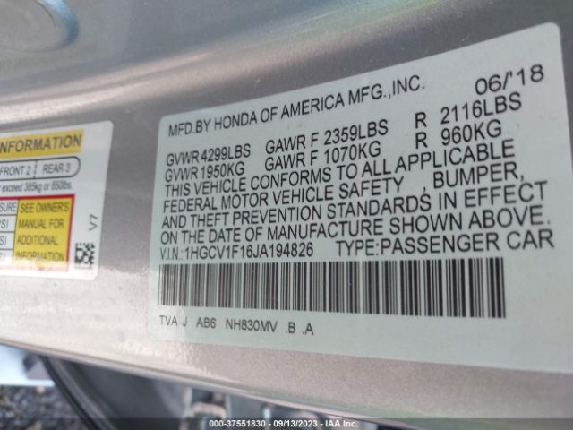 2018 HONDA ACCORD SEDAN LX 1.5T VIN: 1HGCV1F16JA194826