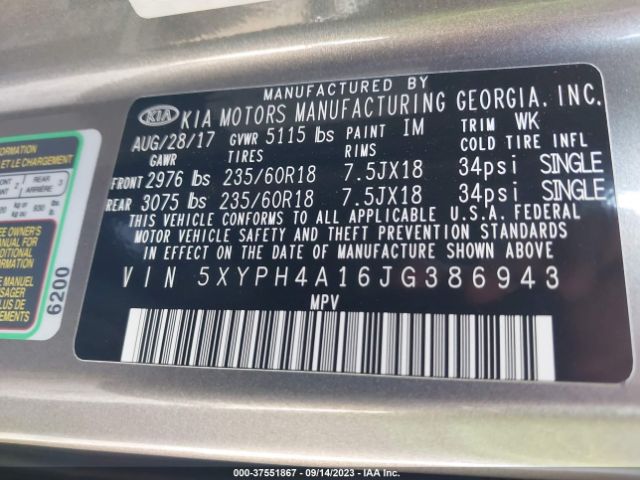 5XYPH4A16JG386943 KIA SORENTO EX
