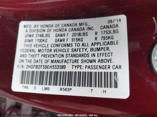 Honda Civic Sedan Lx 2014 2HGFB2F59EH553589 Image 9