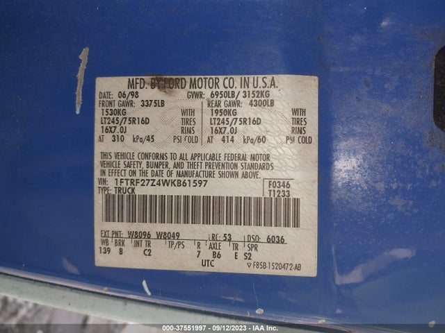 1998 FORD F-250 VIN: 1FTRF27Z4WKB61597