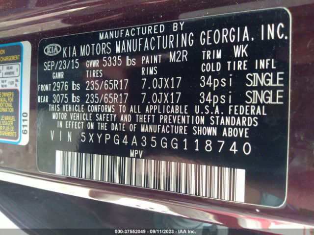 5XYPG4A35GG118740 KIA SORENTO LX