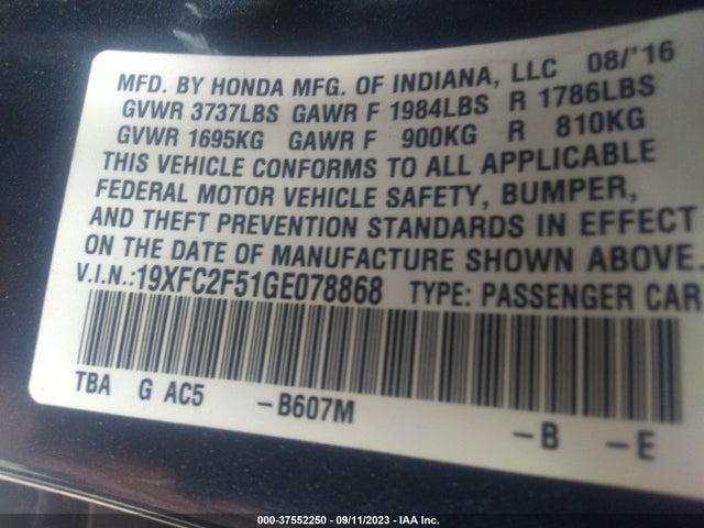 Honda Civic Sedan Lx 2016 19XFC2F51GE078868 Image 9