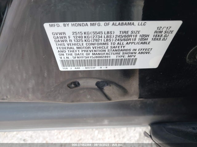Honda PILOT LX 2018 5FNYF5H15JB002891 Image 9
