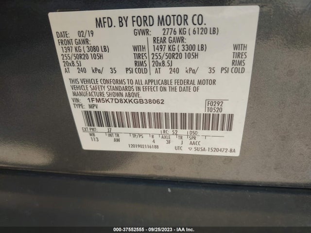 Ford EXPLORER XLT 2019 1FM5K7D8XKGB38062 Image 9