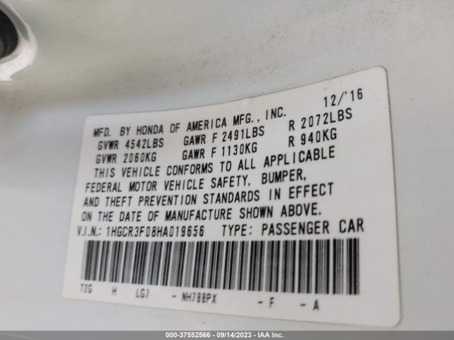 1HGCR3F08HA019656 Honda Accord Sedan Ex-l V6