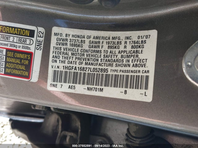 2007 HONDA CIVIC SDN EX VIN: 1HGFA16827L052895