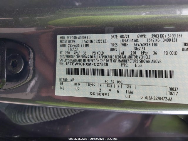 Ford F-150 Xl/xlt/lariat 2021 1FTEW1CPXMFC27539 Image 9