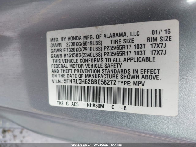Honda Odyssey Ex-l 2016 5FNRL5H62GB058272 Image 9