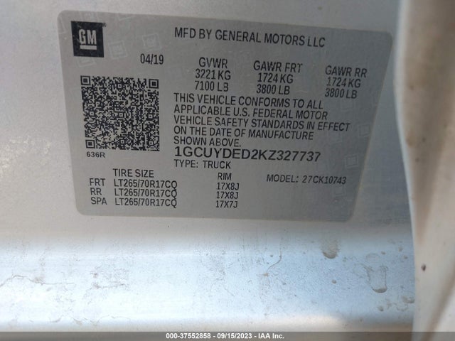 Aukcja sprzedaży 2019 Chevrolet Silverado 1500 Lt, vin: 1GCUYDED2KZ327737, numer aukcji: 37552858