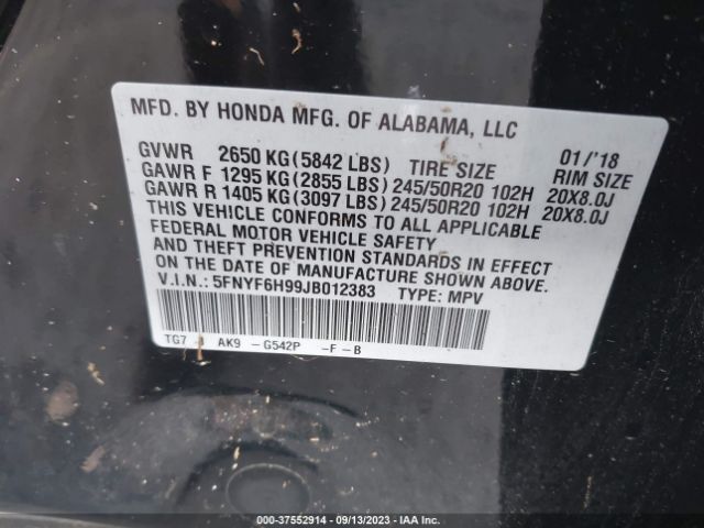 5FNYF6H99JB012383 Honda Pilot Touring