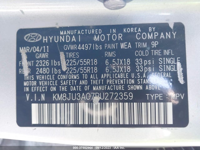 2011 HYUNDAI TUCSON LIMITED PZEV VIN: KM8JU3AC7BU272359