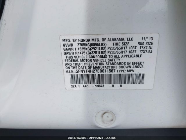 5FNYF4H27EB011567 Honda PILOT LX
