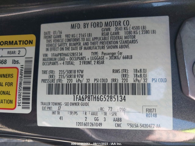 2016 FORD MUSTANG ECOBOOST VIN: 1FA6P8TH6G5285134