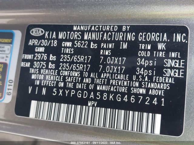 5XYPGDA58KG467241 KIA Sorento Lx V6