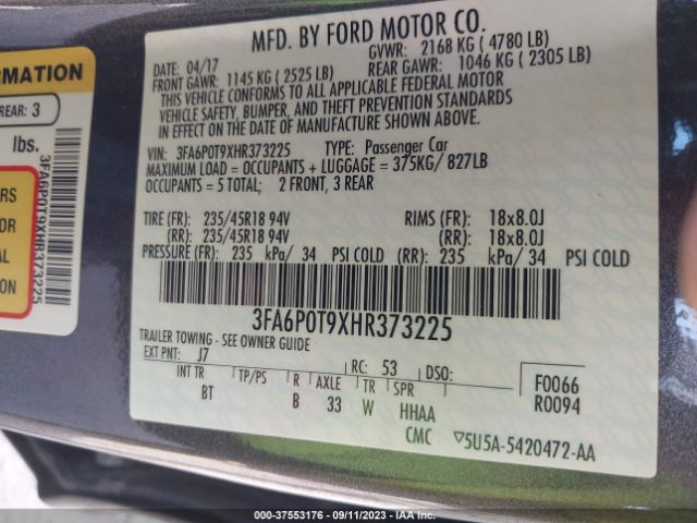 Ford FUSION SE 2017 3FA6P0T9XHR373225 Image 9