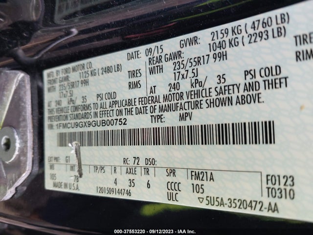 Ford ESCAPE SE 2016 1FMCU9GX9GUB00752 Image 9