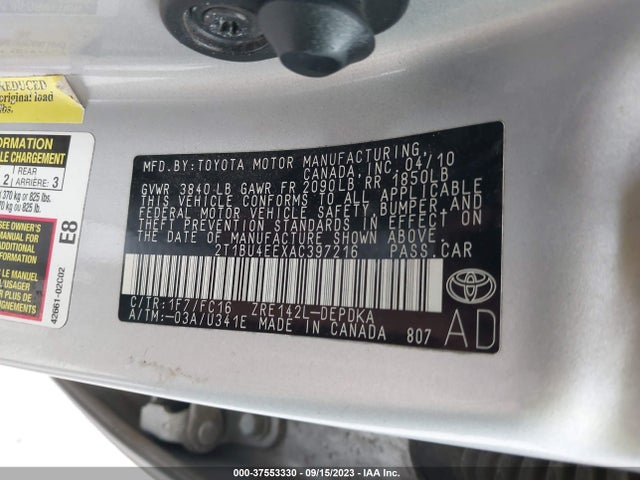 2010 TOYOTA COROLLA VIN: 2T1BU4EEXAC397216