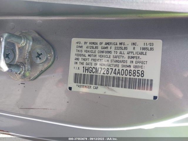 2004 HONDA ACCORD CPE EX VIN: 1HGCM72674A006858