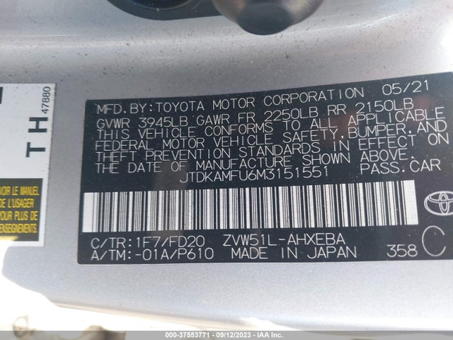 Toyota Prius L 2021 JTDKAMFU6M3151551 Image 9