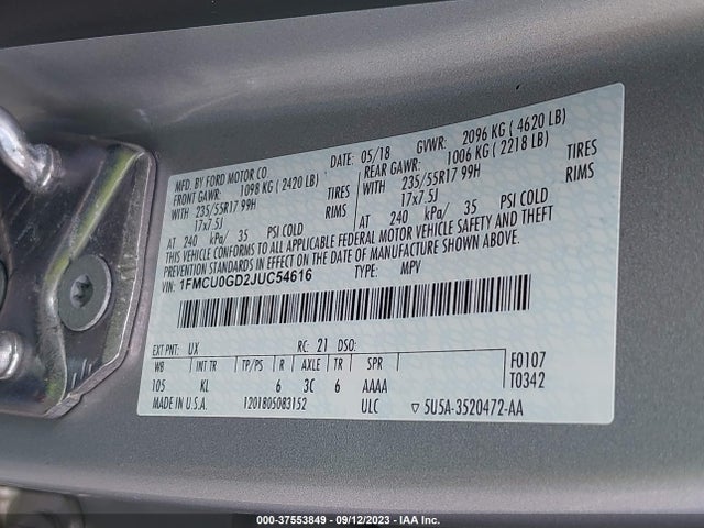 Ford ESCAPE SE 2018 1FMCU0GD2JUC54616 Image 9