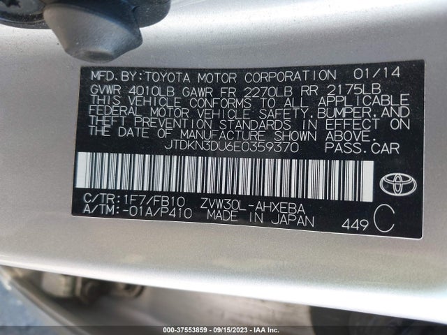 Toyota Prius Four/five/three/one/two 2014 JTDKN3DU6E0359370 Image 9