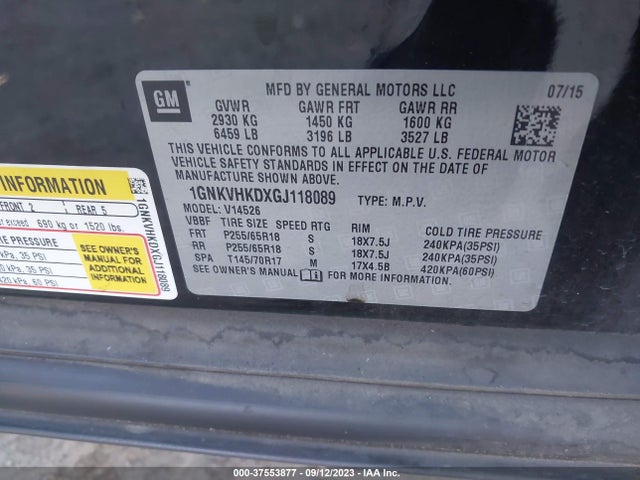 Chevrolet Traverse Lt 2016 1GNKVHKDXGJ118089 Image 9