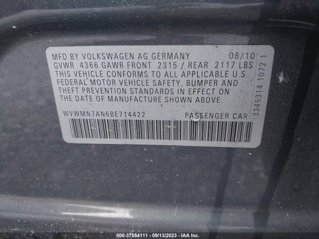 37554111 :رقم المزاد ، WVWMN7AN6BE714422 vin ، 2011 Volkswagen Cc Sport مزاد بيع