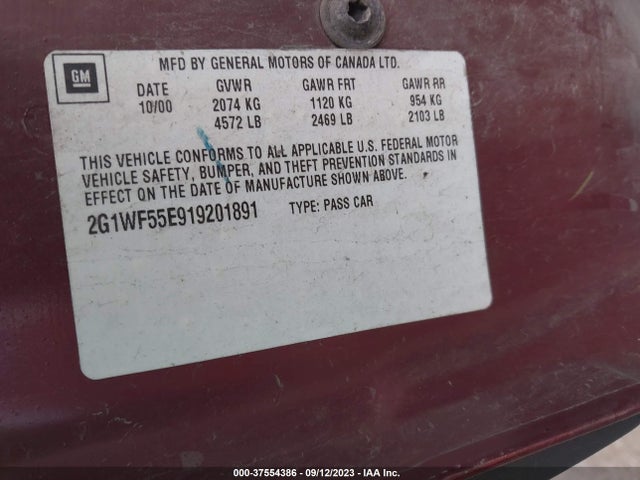 2001 CHEVROLET IMPALA VIN: 2G1WF55E919201891
