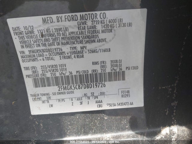 2013 FORD FLEX SEL VIN: 2FMGK5C87DBD19726