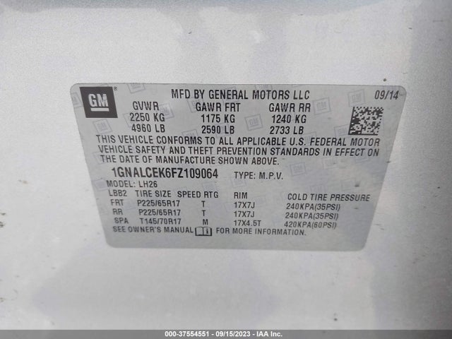 Chevrolet EQUINOX LT 2015 1GNALCEK6FZ109064 Image 9
