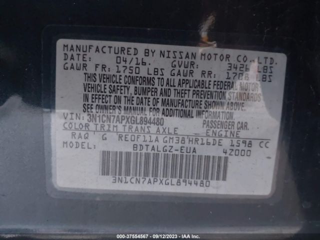 3N1CN7APXGL894480 Nissan Versa Sl