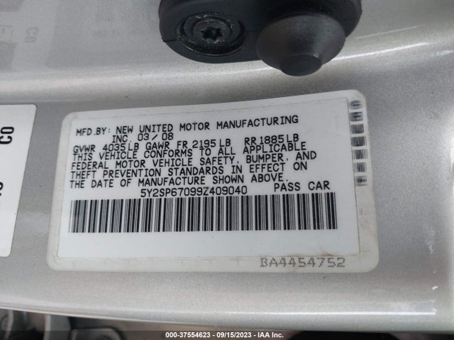 2009 PONTIAC VIBE W/1SB VIN: 5Y2SP67099Z409040