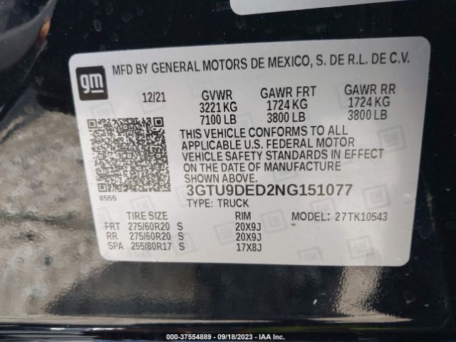 3GTU9DED2NG151077 GMC Sierra 1500 Limited Slt