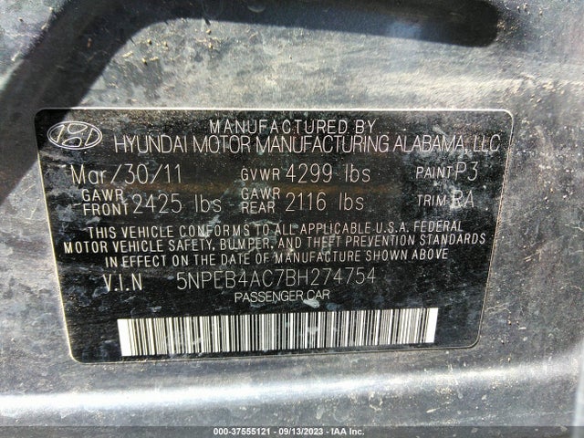 2011 HYUNDAI SONATA GLS VIN: 5NPEB4AC7BH274754